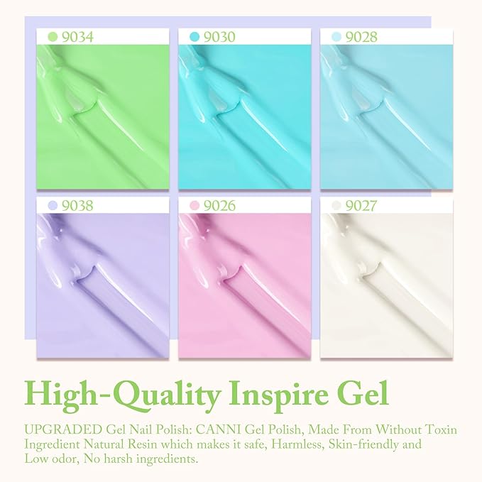 CANNI Gel Nail Polish Set - 6 Soft Shades (Pink, Blue,Lavender, Green, Ivory, White), 9ML Soak-Off UV LED Gel, HEMA-Free, for DIY or Salon Manicure