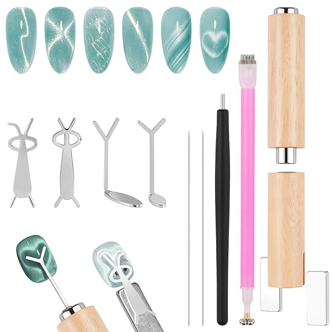 TOROKOM Multifunctional Cat Eye Nail Magnet Tool Set, 6 in 1 Wooden Handle Nail Magnet, Heart Rabbit Shape Cat Eye Magnet for Nails, Long Strip Magnets Tool for Nail Art DIY at Home