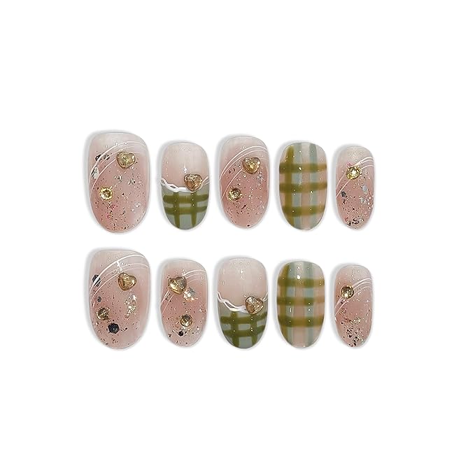 French Tip Press on Nails Short Oval Cute Acrylic Pink Nails Press Ons Classic Checkered Grid Designs Fake Nails Reusable Full Cover Artificial Nails 10pcs Glue on Nails for Women Girls(XS)