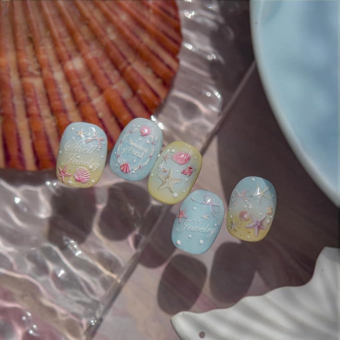 Ocean Nail Stickers 3D Self-Adhesive Pink 5D Embossed Pearl Seashell Starfish Nail Decals Flower Nails Supplies Star Bow Nails Designs Summer Nail Art Decoration for Women DIY Manicure 1 Sheet