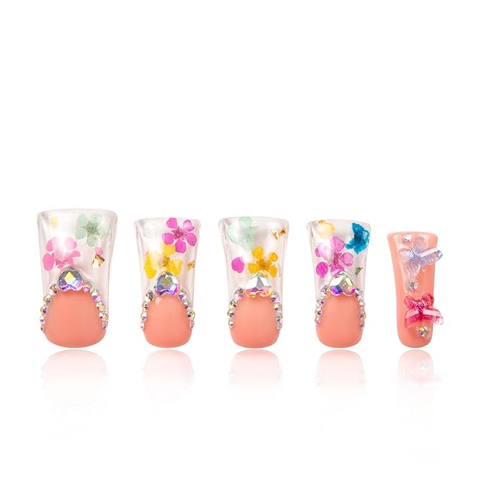 LOVFUL Press on Duck Nails Flora | Salon Quality Handmade Acrylic with Full Covered Crystals | Reusable Fake Nails | Duck Classic Regular 1.3 in | H176-M
