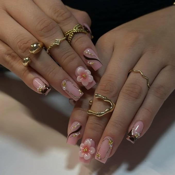 Press on Nails Square - Medium Fake Nails with Flower Design - Leopard Print French Tip False Nails - for Women 24 Pcs