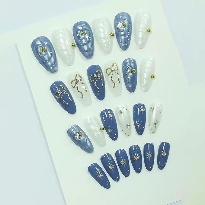 Press on Nails Handmade Medium Almond Fake Nails with Gold Star Bow Charms Design Blue White Glue on Nails Water Ripple Rhinestone Pearl False Nails Reusable for Women Girls Manicure