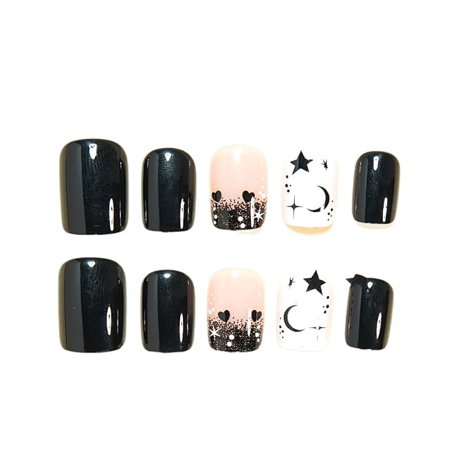 Black Press on Nails Short - Square Fake Nails with Moon Star Design - Glossy Full Cover Stick on False Nails - for Women 24 Pcs