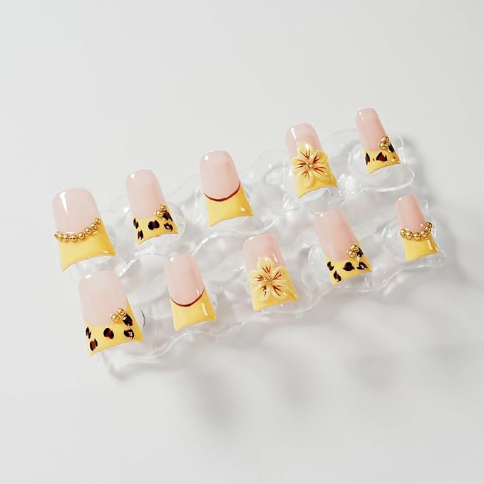 Handmade Press on Nails Short Duck Luxury 3D Leopard Print - Yellow French Tips with Hibiscus Flower Charms, Reusable Thick Acrylic Full Cover (Blush Yellow Leopard Bloom, M)