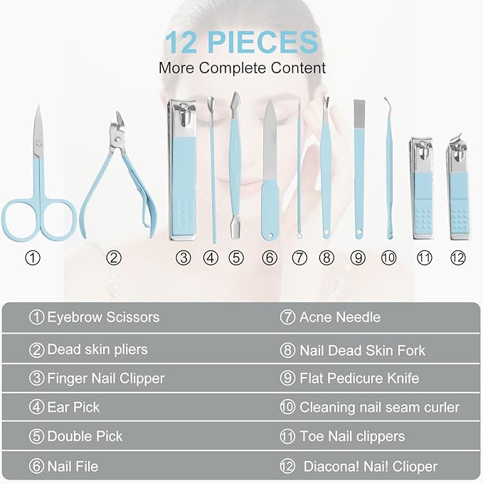 Nail Kit, Manicure Kit, Nail Care Kit for Women, Manicure Pedicure Set, Nail Clippers Toenail Clippers Kit, Professional Manicure Kit Pedicure Kit, Light Blue Travel Case, Set of 12.