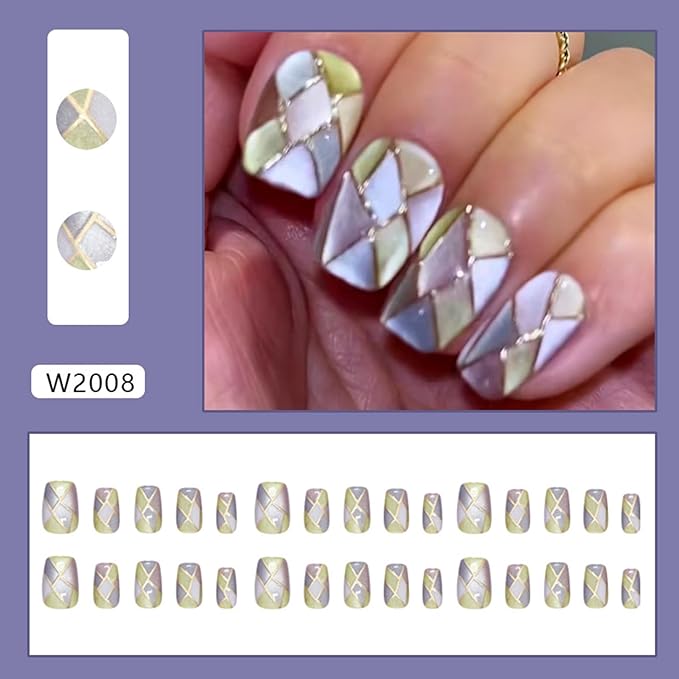 Square Press on Nails Short Fake Nails with Designs Gold Lines Stick on Nail Purple Acrylic False Nail Artificial Nail Press ons Glossy Full Cover Glue on Nails for Women 24Pcs