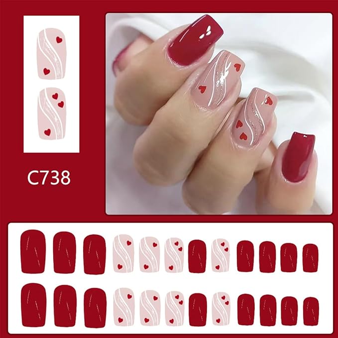 Valentines Heart Press on Nails Short Square Fake Nails Red Valentines Nails Press ons with Glue Designs Glossy Acrylic Nails Reusable Full Cover Glue on Nails for Women Holiday Manicure 24Pcs