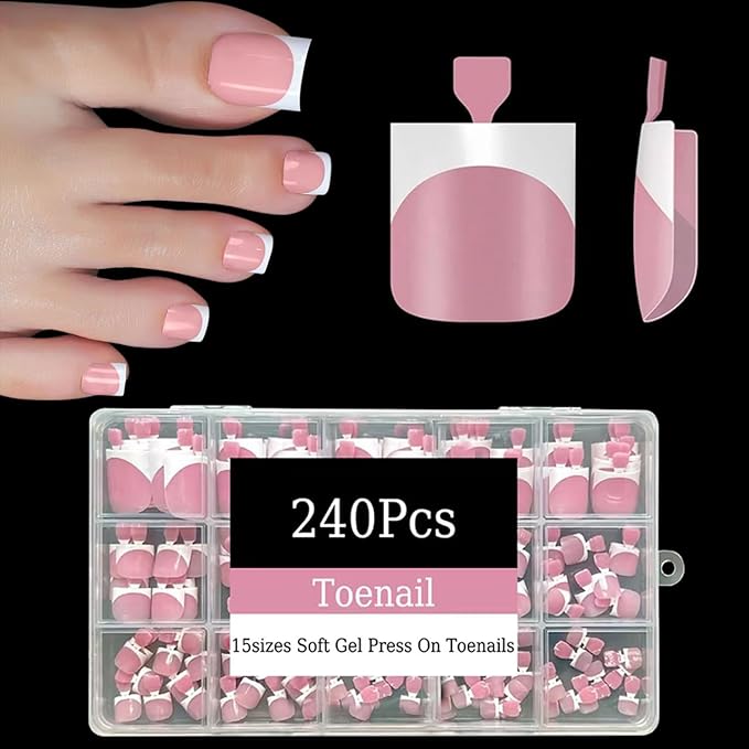 240Pcs Toe Press on nails, Short Square Pink Toe Nail Press Ons for Women in 15Sizes, French Tip False Toenails Extension, Soft Gel Toe Nail Tips, Acrylic Full Cover Fake Toenails for Girl