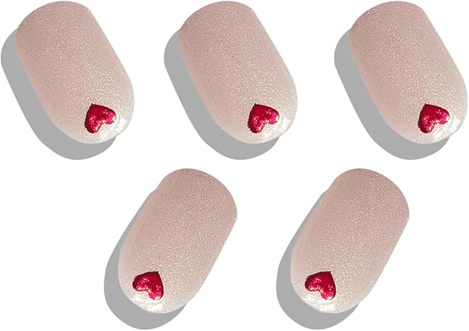 Semi Cured Gel Nail Strips - Red Heart with Shimmering Base, Valentine Glitter Nail Stickers, DIY Manicure Kit, Salon Quality Lasting Gel Polish Strips