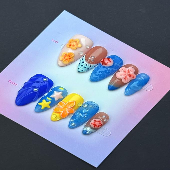 100% Handmade Press on Nails Medium Almond Handmade Nails with Yellow Flower Design Glossy Blue Fake Nails Pearl Rhinestones Nail Press ons Reusable Spring Summer Acrylic Nail for Women Size M 10Pcs