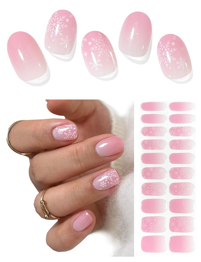 Semi Cured Gel Nail Strips (Pink Snowflake), 20 Pcs Christmas Gel Nail Wraps, Stickers, Salon Quality, Long Lasting, Works with Any UV Lamps