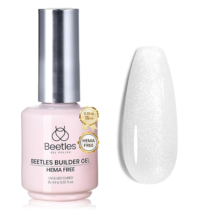 Beetles Builder Gel for Nails HEMA-Free,0.5 oz 8 in 1 White Glitter Builder Nail Gel for Thickening Apex Building Strengthener Extension LED/UV Lamp Galaxy Whispers Color DIY Salon for Begginer