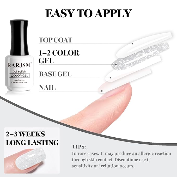 RARJSM Milky White Reflective Glitter Gel Nail Polish Sheer Flash Diamond Jelly White Sparkle Silver Shimmer Gel Polish Soak off Curing Requires 15ml Single Bottle for Home Salon