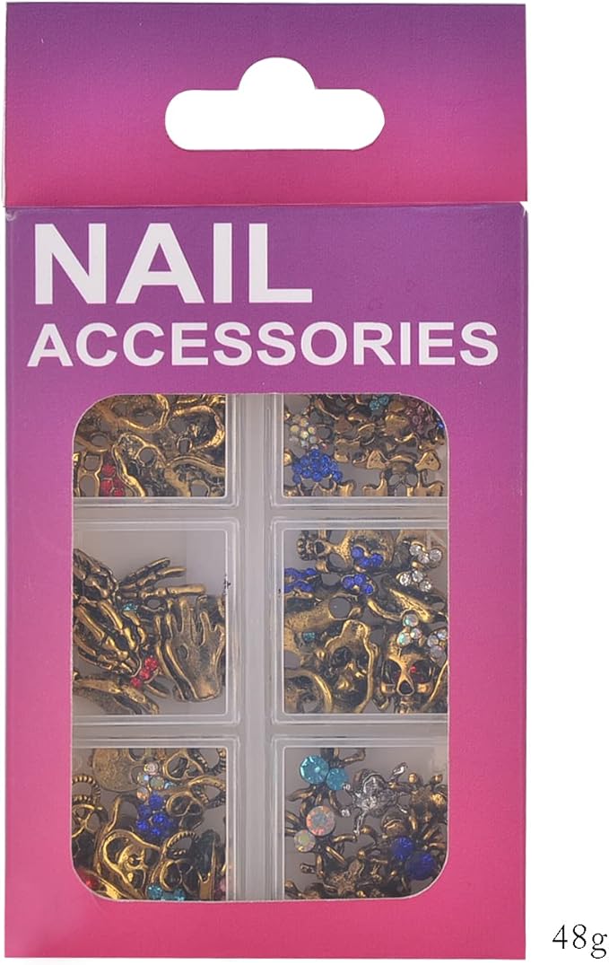 Halloween Nail Charms Rhinestones Decorations - 60Pcs/Box Multi Shape Halloween Nail Accessories Metal Punk Vintage Gold Nail Design for DIY Nail Art Craft