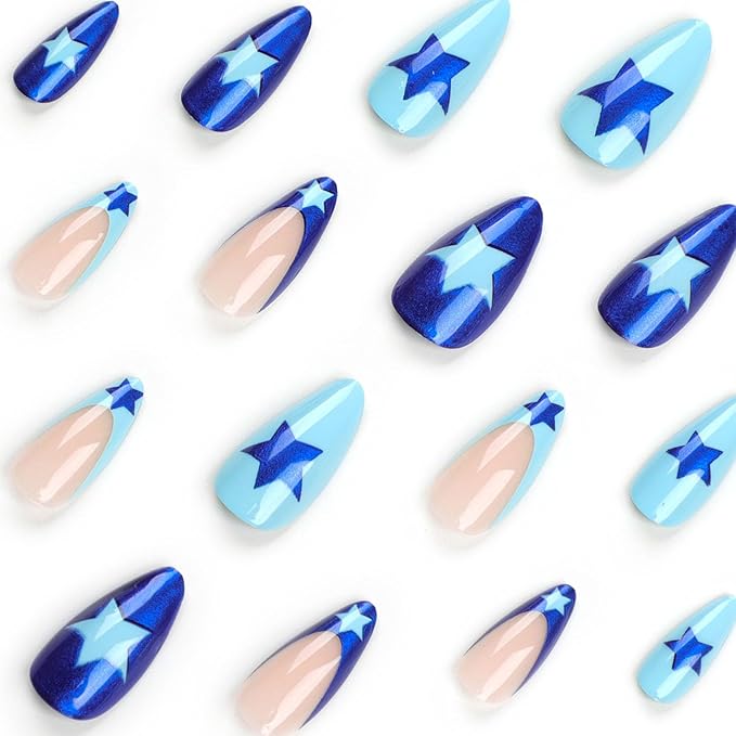 Press On Nails Medium Almond ABS Plastic False Nails 24Pcs, French Tip, Stars Pattern, Glossy Finish, Full Cover, Y2K Style, 24 Fl Oz (Pack of 1)