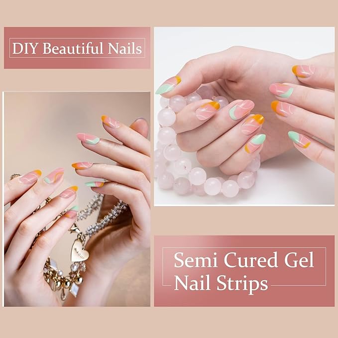 Semi Cured Gel Nail Strips (Nude Pink), 28 pcs Gel Nail Stickers, Work with Any UV Lights, Long-Lasting NailWraps for Women Gift Art DIY, Salon-Quality, Easy to Apply & Remove