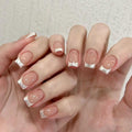 Press on Nails Square - Short Fake Nails with Silver French Design - Nude False Nails Glossy Stick on - for Women 24 Pcs