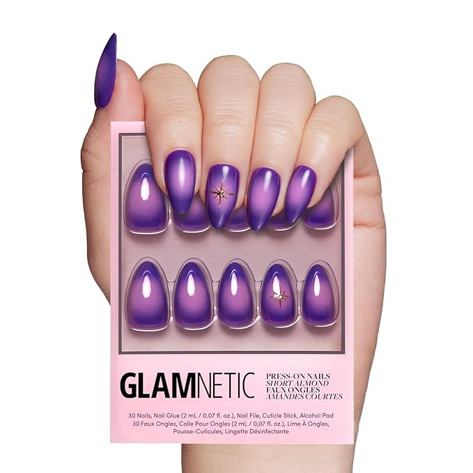 Glamnetic Press On Nails - Tarot | Glossy, Opaque, Short Almond Purple Nails, Salon Quality | 15 Sizes - 30 Nail Kit with Glue