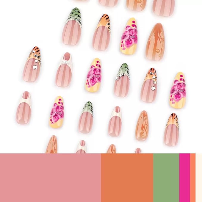 Fall Press on Nails Almond - Medium Fake Nails with Colorful Floral Design - French Tip Stripes Full Cover Stick on False Nails for Women Manicure 24 Pcs