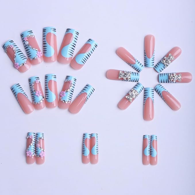 Long Square Press on Nails,Handmade Acrylic Press on Nails with Designs，Long Press on Nail for Women 24pcs