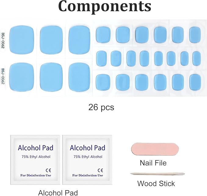 26 Pcs Semi Cured Gel Toe Nail Strips Blue Solid Gel Nail Stickers Full Cover Blue Nails Wraps Self Adhesive Toe Nails Polish Strips Stickers for Women UV/LED Light Required