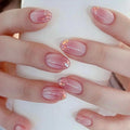 Ombre Pink and White Gradient Press on Nails Short Oval Fake Nails – French Tip Acrylic Nails for Women, Golden & Shiny Artificial False Nails, Stylish Design, Suitable for Birthday Parties