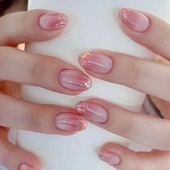 Ombre Pink and White Gradient Press on Nails Short Oval Fake Nails – French Tip Acrylic Nails for Women, Golden & Shiny Artificial False Nails, Stylish Design, Suitable for Birthday Parties