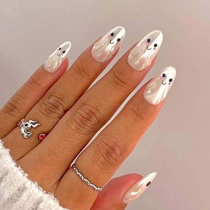 Halloween Press on Nails | Medium Almond Fake Nails with Smiling Ghost Designs,Reusable, Glossy Acrylic | 12 Sizes - 24 Nail Kit with Jelly Glue