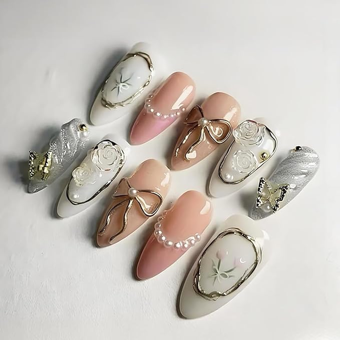 30Pcs Almond Press on Nails Medium French Tip Fake Nails with 3D Pearl Butterfly Rhinestone Designs Cute Glue on Nails Gold Chrome Bow Acrylic Nails Rose Flower False Nails Supplies for Women