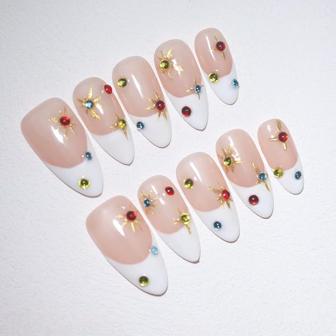10Pcs Medium Almond Handmade Press On Nails | Nude Pink & White French Tip with Gold Starburst & Multicolor Rhinestone Decor | Reusable Salon-Quality Fake Nails for Women and Girls (L05, XS)