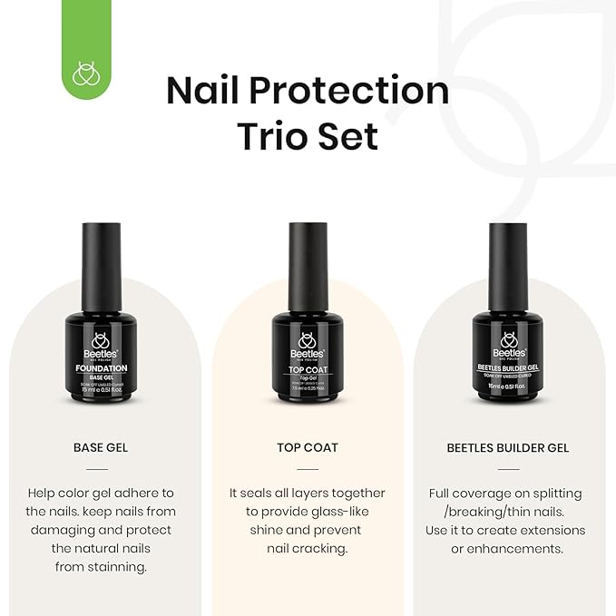 Beetles 3Pcs 15ml Builder Nail Gel with No Wipe Top Coat Gel Nail Polish and Base Coat Set for Nails Shine Finish and Long Lasting Nail Protection UV/LED Lamp Needed Gift for Women