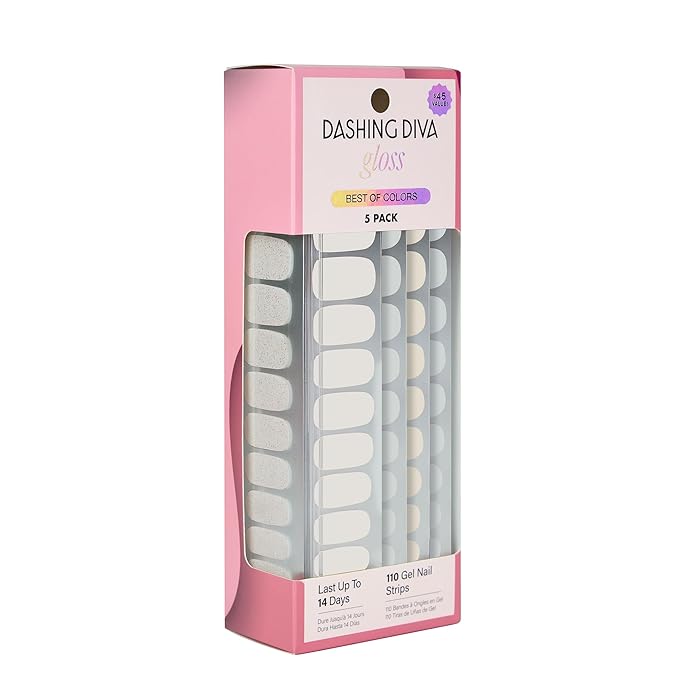 Dashing Diva Gloss Nail Strips 5-in-1 Kit - Best of Blancs - UV Free, Chip Resistant, Long Lasting Gel Nail Stickers - Contains 110 wraps, 5 prep pads, 2 nail files