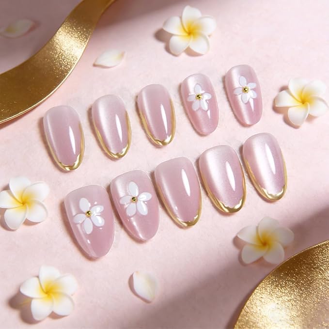 Spring Summer Nude Cat Eye Press On Nails, Short Almond Shape, 3D White Flower & Gold Line French Design, Salon Quality Reusable Acrylic Fake Nails for Women, Ideal for Parties & Daily Wear