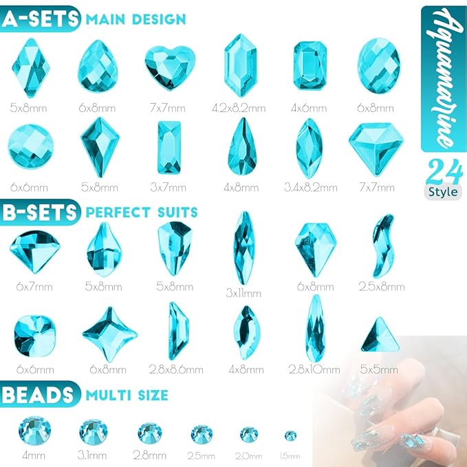 24 Styles Aquamarine Nail Rhinestones Lake Blue Stones Diamonds K9 Glass Flatback Water Blue Crystals Gems Jewels Nail Art Charms Supplies for Nails Face Eyes Makeup DIY Crafts Tumblers Clothes