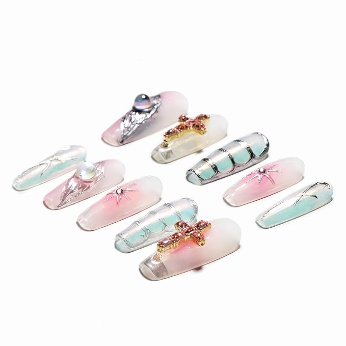 Sun&Beam Nails Handmade Press-on Medium Long Coffin Ballerina Pink Sliver Aurora Rhinestone Y2K Design False Nail Tips 10 Pcs (#137 XS)
