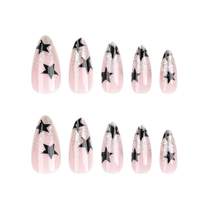 Press on Nails Almond - Medium Fake Nails with Black Star Design - Glitter Glossy Full Cover Stick on Nails for Women 24 Pcs