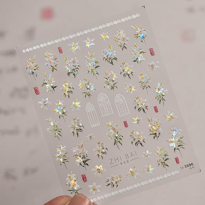 Spring Floral Nail Art Stickers, Blossoms Lily Design with Iridescent Effect, Valentine's Day Decorative Nail Decals (Lily Two)