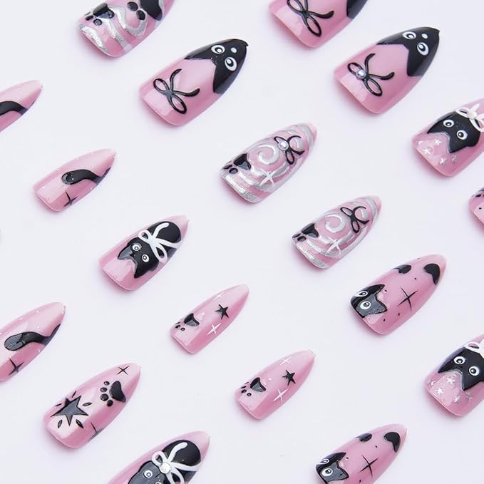 24Pcs Pink Glitter Press on Nails Medium Almond Fake Nails Cute Cat Black Bow Star False Nails with 3D Silvering Heart Vortex Gems Design Full Cover Glue on Nails Artificial Stick on Nail for Women