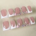 Luxury Press on Nails Short Duck Handmade 3D Unique Reusable ABS Material Fake Nails White French Tip False Nails with Designs Flower Rhinestones Elegant Glossy Glue on Nail Thick Acrylic Nail(S)