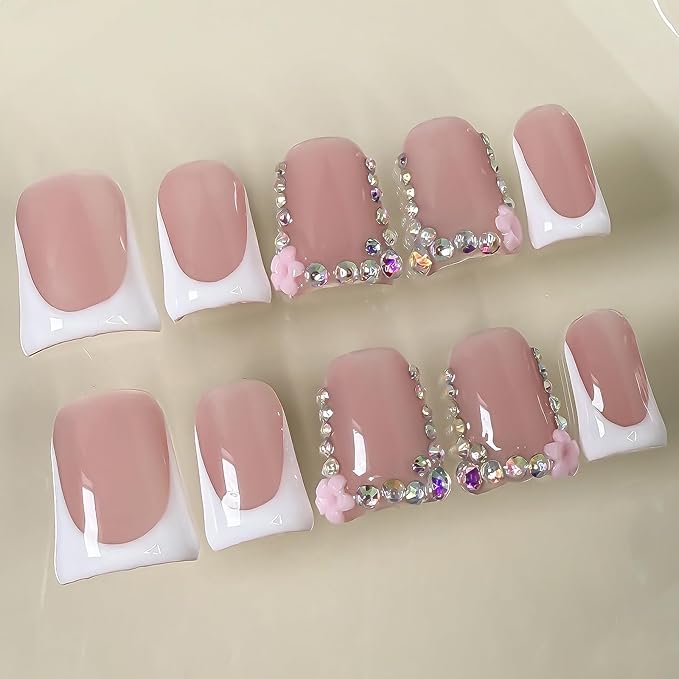 Luxury Press on Nails Short Duck Handmade 3D Unique Reusable ABS Material Fake Nails White French Tip False Nails with Designs Flower Rhinestones Elegant Glossy Glue on Nail Thick Acrylic Nail(S)