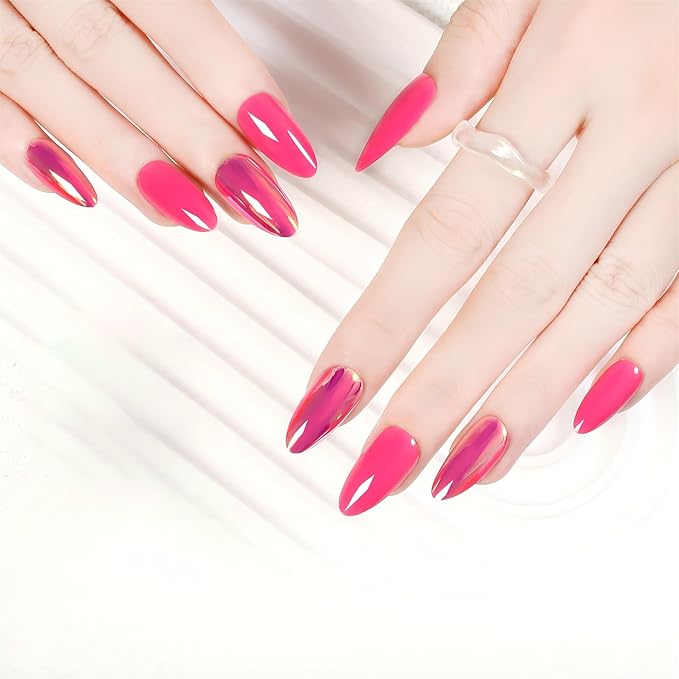 Nails Press Ons Almond - Hot Pink Glossy Iridescent Reusable Acrylic False Nails for DIY Manicure, 24 Nails in 12 Sizes with Glue, Adhesive Tabs, Nail File, Prep Pad, Manicure Stick