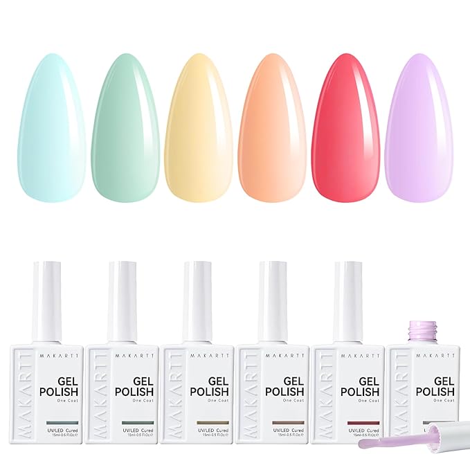 Makartt Pastel Gel Nail Polish Set: 6 Colors Spring Summer Collection Nail Polish Kit 15ML One N'Done Baby Blue Green Yellow Purple Red Soak Off UV LED Nail Art Manicure Gift for Women