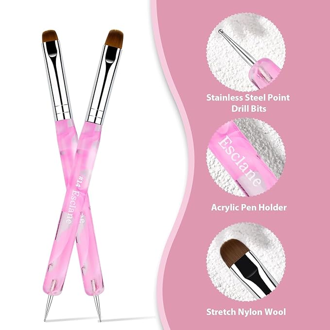 French Manicure Brush, Esclane 2 Way French Nail Brush with Dotting Tool for Manicure Cuticle Clean Up Nail Art Design, French Tip Brush (Pink, #10)