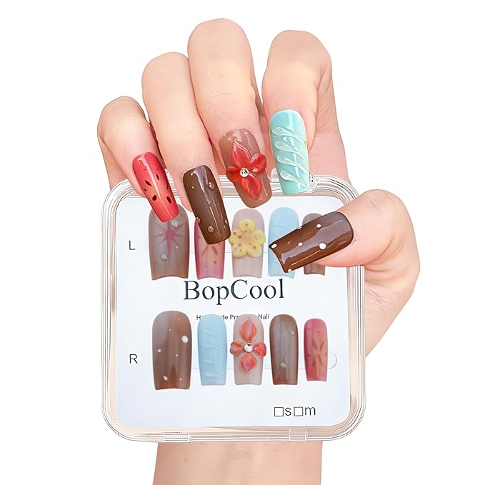 Luxury Handmade Press-On Nails - Vintage Brown 3D Floral Design, Long Coffin Acrylic False Nails | Reusable Fake Nails Kit（10PCS)