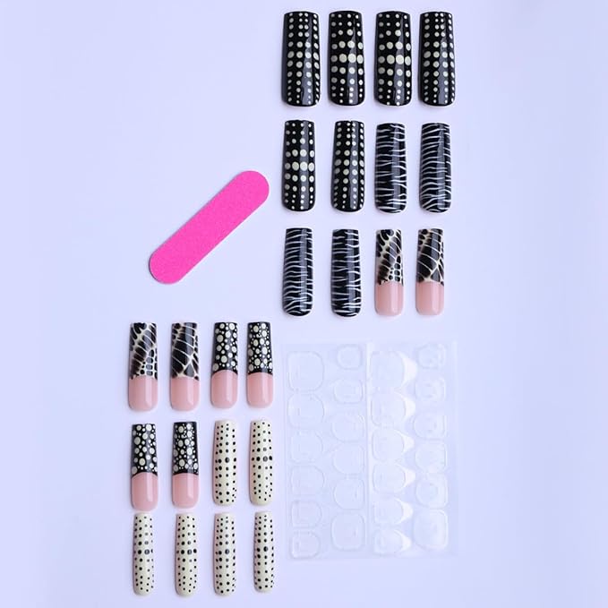 Long Square Press on Nails Polka Dot Fake Nails French Tip False Nails Black Crocodile Design Full Cover Glossy Glue on Nails for Women 24PCS