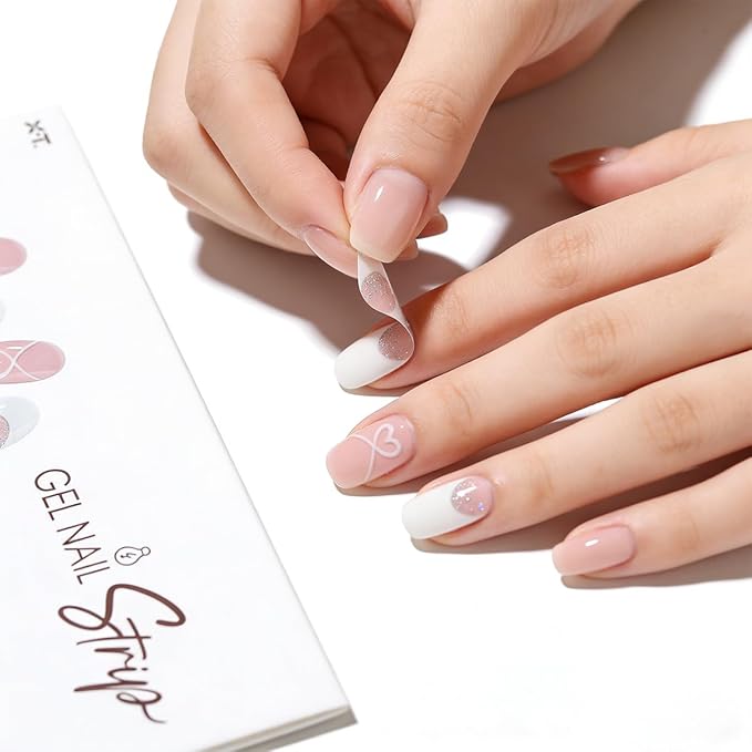 Valentines Day Semi Cured Gel Nail Strips 22Pcs Love Heart Gel Nail Stickers for Nail Art White Heart with French Tip Design Nude Pink Full Wrap Gel Nail Strips Sticker UV Light for Manicure Salon