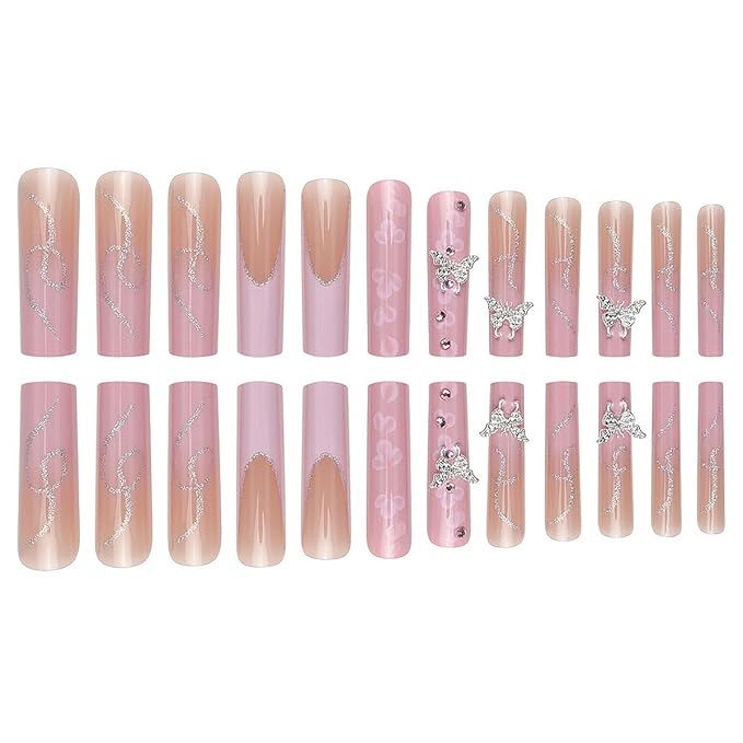 24Pcs Long Square Press on Nails Pink French Tip Fake Nails Silver Rhinestones with Flower Full Cover Tips Glue on Nails Artificial Acrylic False Nails Butterfly Charms Design for Women Manicure DIY