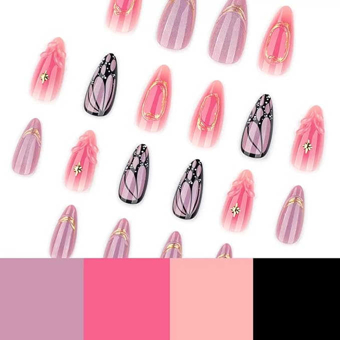 Press on Nails Almond - Medium Fake Nails with Butterfly Design - Glossy, Purple False Nails Press ons - for Women 24 Pcs