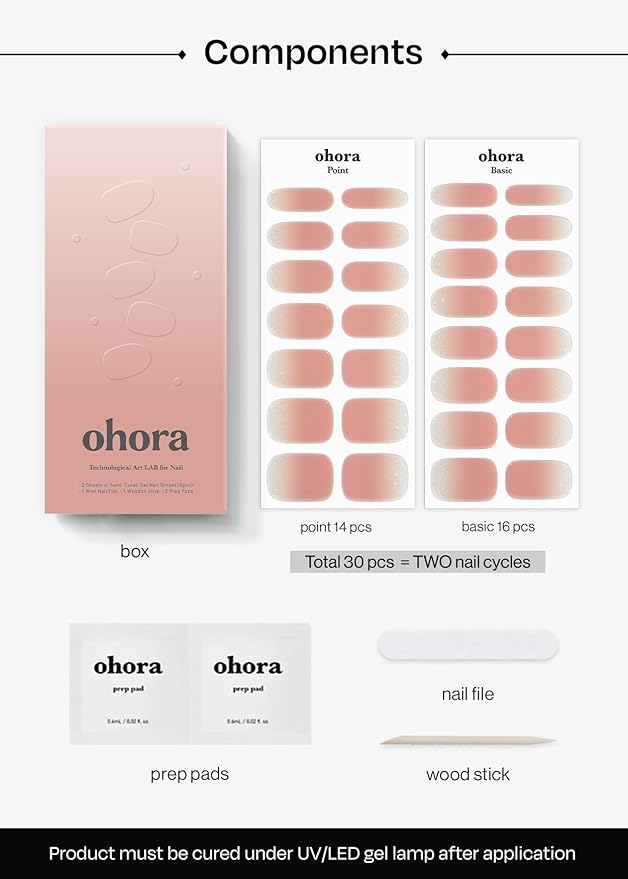 ohora Semi Cured Nail Strips (N Rose Serenade) - Works with Any UV/LED Lamps, Salon-Quality, Long Lasting, Easy to Apply & Remove - Includes 2 Prep Pads, Nail File & Wooden Stick